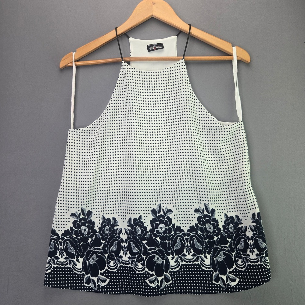 Fashion Magazine Halter Top Polka Dot Floral Blouse Navy White Small Summer Tank